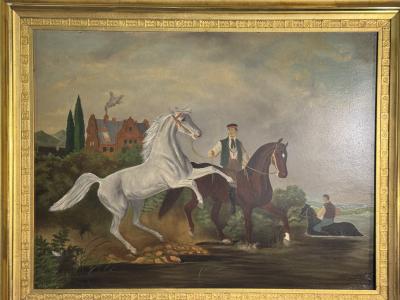 EUROPEAN ANTIQUE HORSES RIDERS ON RIVER BANK NEAR MANSION PAINTING