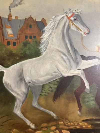 EUROPEAN ANTIQUE HORSES RIDERS ON RIVER BANK NEAR MANSION PAINTING