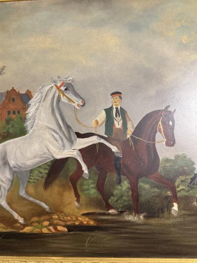 EUROPEAN ANTIQUE HORSES RIDERS ON RIVER BANK NEAR MANSION PAINTING