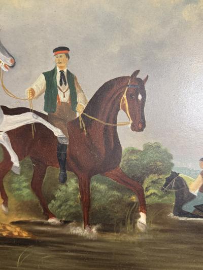 EUROPEAN ANTIQUE HORSES RIDERS ON RIVER BANK NEAR MANSION PAINTING