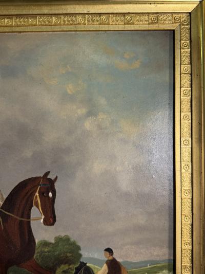 EUROPEAN ANTIQUE HORSES RIDERS ON RIVER BANK NEAR MANSION PAINTING