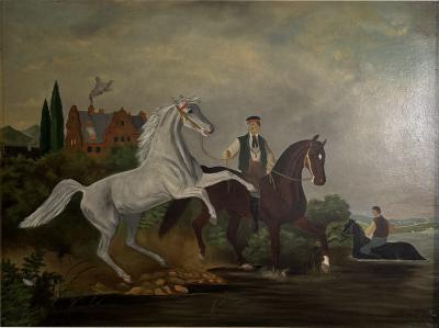 EUROPEAN ANTIQUE HORSES RIDERS ON RIVER BANK NEAR MANSION PAINTING