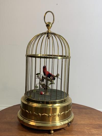 EXCEPTIONAL ANTIQUE GERMAN SONG BIRD IN BRASS CAGE AUTOMATON
