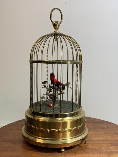 EXCEPTIONAL ANTIQUE GERMAN SONG BIRD IN BRASS CAGE AUTOMATON