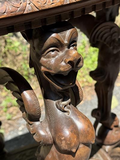 EXCEPTIONAL ANTIQUE ITALIAN FANTASTICAL MYTHOLOGICAL BEAUTY BEAST CARVED TABLE