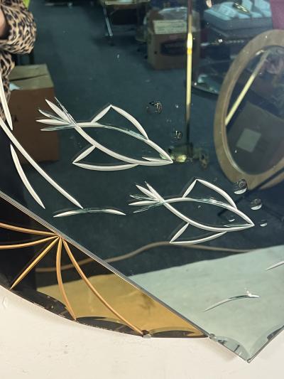 EXCEPTIONAL ART DECO PEACH AND CLEAR MIRROR WITH INCISED FISH AND BUBBLES