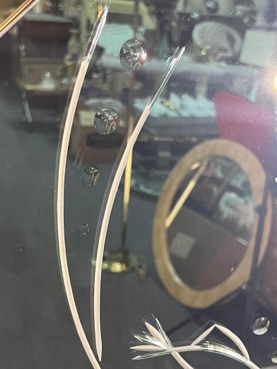 EXCEPTIONAL ART DECO PEACH AND CLEAR MIRROR WITH INCISED FISH AND BUBBLES