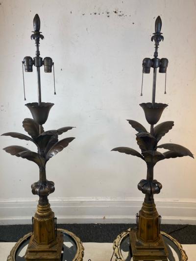 EXCEPTIONAL DECORATIVE PAIR OF BURNISHED METAL PALM TREE LAMPS