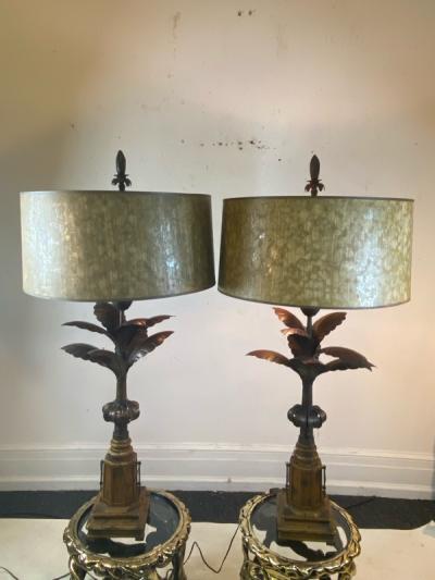 EXCEPTIONAL DECORATIVE PAIR OF BURNISHED METAL PALM TREE LAMPS