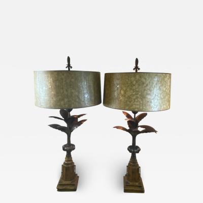 EXCEPTIONAL DECORATIVE PAIR OF BURNISHED METAL PALM TREE LAMPS