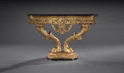 EXCEPTIONAL EARLY 19TH CENTURY SERPENTINE MARBLE GILTWOOD CONSOLE TABLE