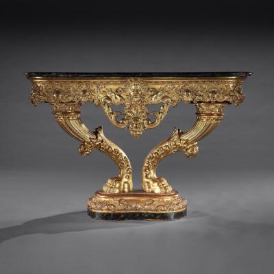 EXCEPTIONAL EARLY 19TH CENTURY SERPENTINE MARBLE GILTWOOD CONSOLE TABLE