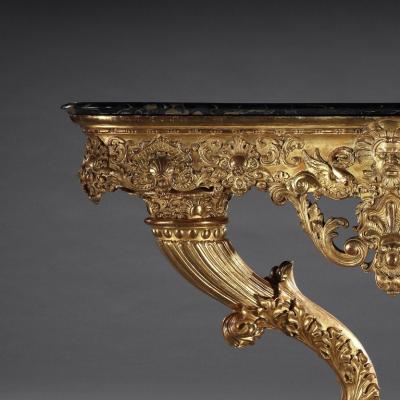 EXCEPTIONAL EARLY 19TH CENTURY SERPENTINE MARBLE GILTWOOD CONSOLE TABLE
