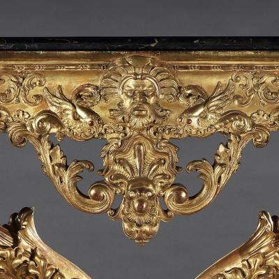 EXCEPTIONAL EARLY 19TH CENTURY SERPENTINE MARBLE GILTWOOD CONSOLE TABLE