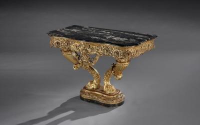 EXCEPTIONAL EARLY 19TH CENTURY SERPENTINE MARBLE GILTWOOD CONSOLE TABLE
