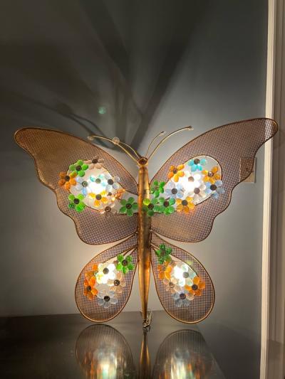 EXCEPTIONAL ITALIAN MULTI COLOR CRYSTAL AND GILT METAL BUTTERFLY LIGHT SCONCE