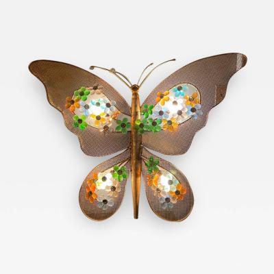EXCEPTIONAL ITALIAN MULTI COLOR CRYSTAL AND GILT METAL BUTTERFLY LIGHT SCONCE