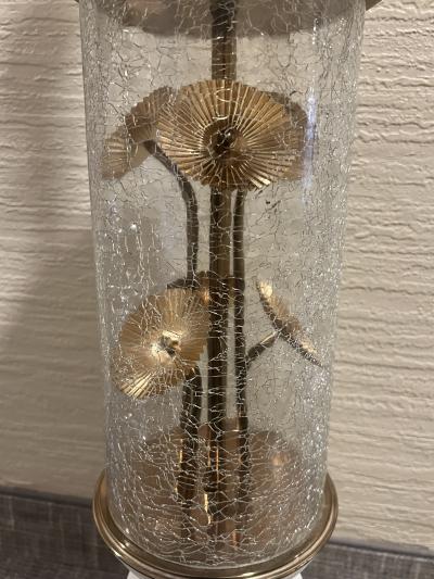 EXCEPTIONAL MID CENTURY CRACKLE GLASS AND BRASS MODERNIST FLOWER LAMP