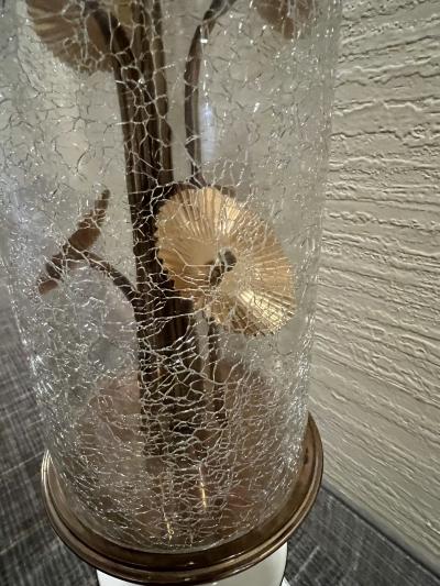 EXCEPTIONAL MID CENTURY CRACKLE GLASS AND BRASS MODERNIST FLOWER LAMP