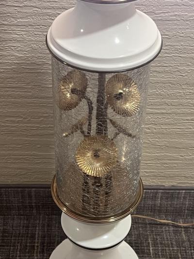 EXCEPTIONAL MID CENTURY CRACKLE GLASS AND BRASS MODERNIST FLOWER LAMP