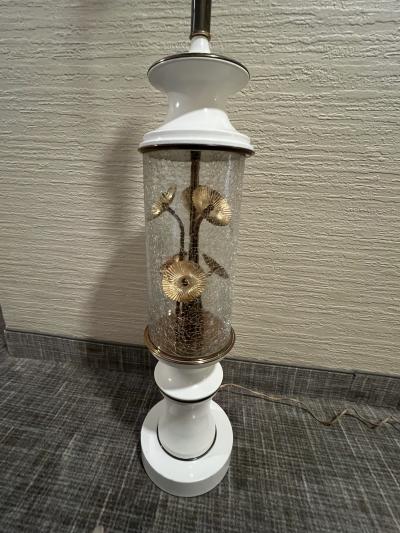 EXCEPTIONAL MID CENTURY CRACKLE GLASS AND BRASS MODERNIST FLOWER LAMP