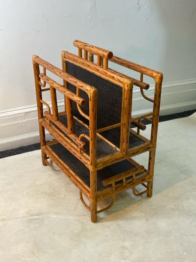 EXCEPTIONAL MODERN CHINOISERIE PAINTED BAMBOO AND RATTAN MAGAZINE RACK