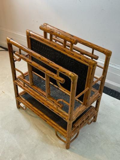 EXCEPTIONAL MODERN CHINOISERIE PAINTED BAMBOO AND RATTAN MAGAZINE RACK