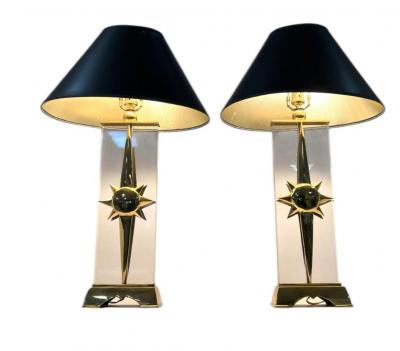 EXCEPTIONAL MODERNIST SCULPTED BRASS SUNBURST LUCITE LAMPS WITH FLAME FINIALS