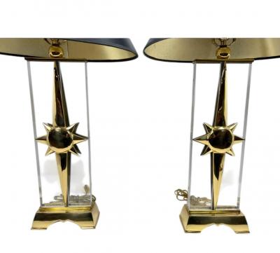 EXCEPTIONAL MODERNIST SCULPTED BRASS SUNBURST LUCITE LAMPS WITH FLAME FINIALS