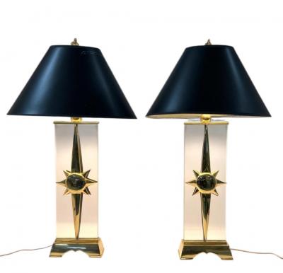 EXCEPTIONAL MODERNIST SCULPTED BRASS SUNBURST LUCITE LAMPS WITH FLAME FINIALS