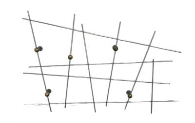EXCEPTIONAL PAIR OF MONUMENTAL MODERNIST STEEL ROD BRASS BALL WALL SCULPTURES