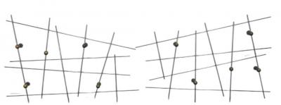 EXCEPTIONAL PAIR OF MONUMENTAL MODERNIST STEEL ROD BRASS BALL WALL SCULPTURES