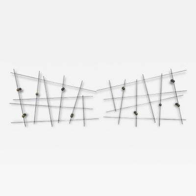 EXCEPTIONAL PAIR OF MONUMENTAL MODERNIST STEEL ROD BRASS BALL WALL SCULPTURES