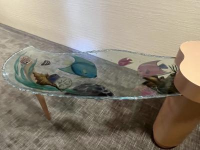 EXCEPTIONAL POST MODERN COLORFUL CARVED SEA LIFE GLASS CONSOLE