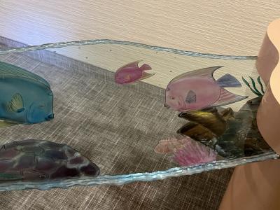 EXCEPTIONAL POST MODERN COLORFUL CARVED SEA LIFE GLASS CONSOLE