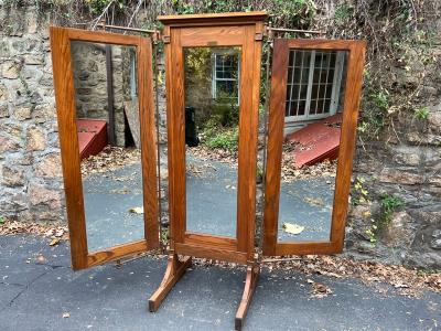 EXCEPTIONAL RARE ARCHITECTURAL INDUSTRIAL1900S OAK AND IRON TRIFOLD MIRROR