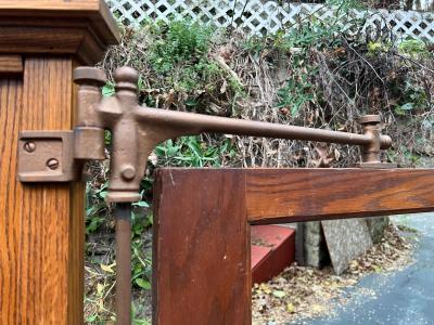 EXCEPTIONAL RARE ARCHITECTURAL INDUSTRIAL1900S OAK AND IRON TRIFOLD MIRROR