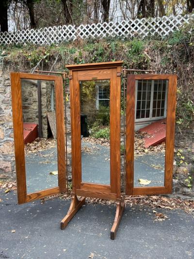 EXCEPTIONAL RARE ARCHITECTURAL INDUSTRIAL1900S OAK AND IRON TRIFOLD MIRROR