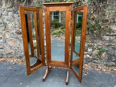 EXCEPTIONAL RARE ARCHITECTURAL INDUSTRIAL1900S OAK AND IRON TRIFOLD MIRROR