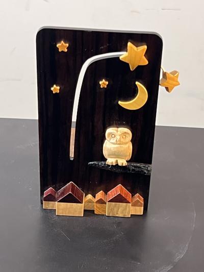 EXOTIC MIXED WOODS OWL STARS AND MOON WITH SKYLINE MUSIC BOX