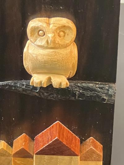 EXOTIC MIXED WOODS OWL STARS AND MOON WITH SKYLINE MUSIC BOX