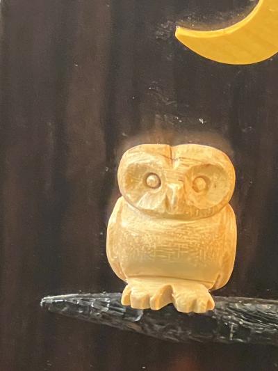 EXOTIC MIXED WOODS OWL STARS AND MOON WITH SKYLINE MUSIC BOX
