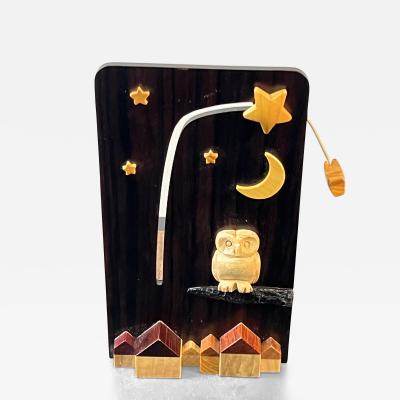 EXOTIC MIXED WOODS OWL STARS AND MOON WITH SKYLINE MUSIC BOX