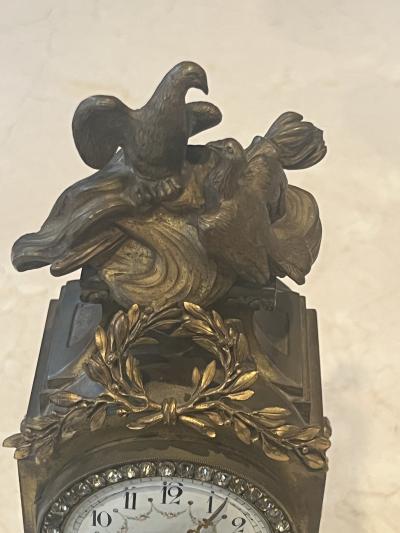 EXQUISITE FRENCH BRONZE BIRDS GLASS ALABASTER CLOCK WITH FANCY PASTE DIAL