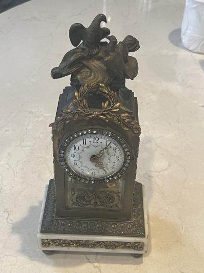 EXQUISITE FRENCH BRONZE BIRDS GLASS ALABASTER CLOCK WITH FANCY PASTE DIAL