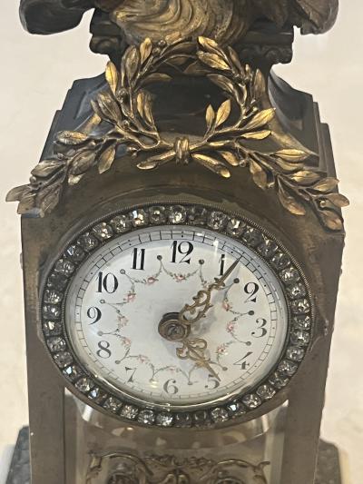 EXQUISITE FRENCH BRONZE BIRDS GLASS ALABASTER CLOCK WITH FANCY PASTE DIAL