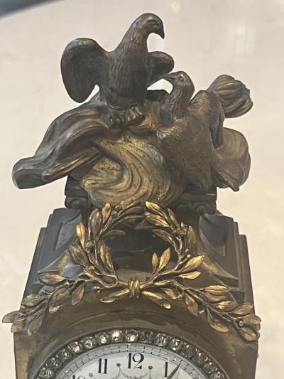 EXQUISITE FRENCH BRONZE BIRDS GLASS ALABASTER CLOCK WITH FANCY PASTE DIAL