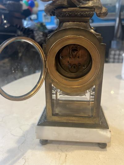 EXQUISITE FRENCH BRONZE BIRDS GLASS ALABASTER CLOCK WITH FANCY PASTE DIAL