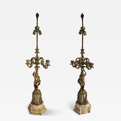 EXQUISITE FRENCH DORE BRONZE AND MARBLE CHERUB FIVE LIGHT CANDELABRA LAMPS