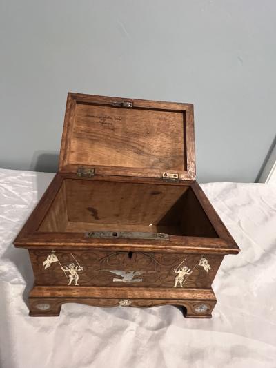 EXQUISITE UNIQUE ANTIQUE INLAID HAND CARVED BOX WITH DOGS BIRDS RABBITS ANGELS